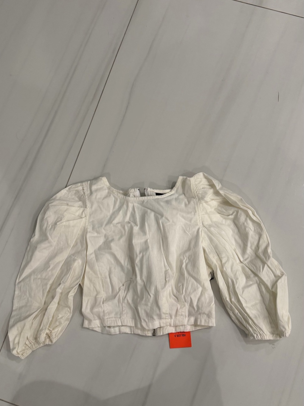 Cropped linen Puff Sleeve Blouse in White